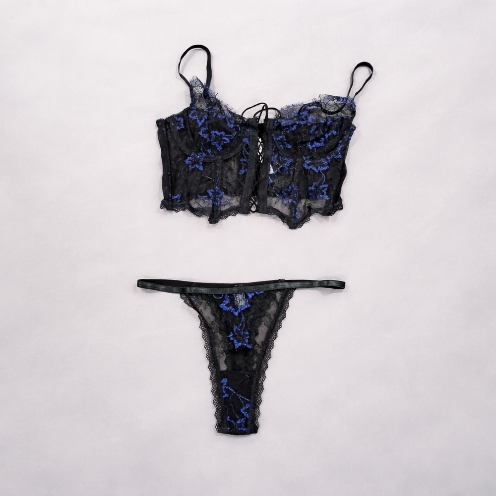 Black Lace Bustier Corset Lingerie Set – Floral Mesh w/ Thong | Size M | New - Picture 5 of 11